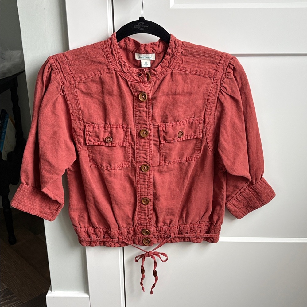 Sundance linen blend jacket with lots of feminine details. Size XS.